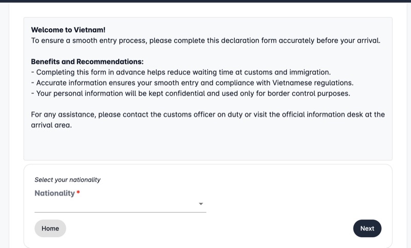 Step 1 — Select nationality on the Vietnam Pre-Arrival portal