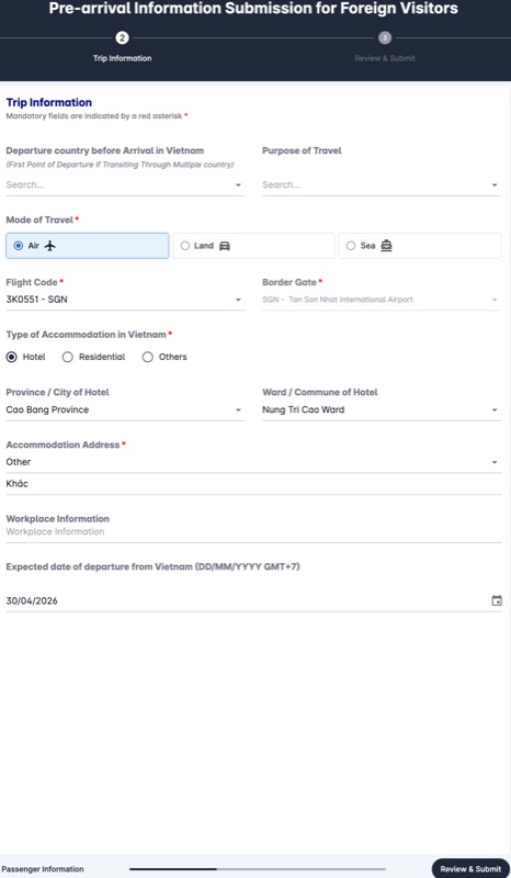 Step 3 — Trip Information form on the Vietnam Pre-Arrival portal