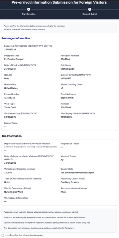 Step 4 — Review and Submit on the Vietnam Pre-Arrival portal