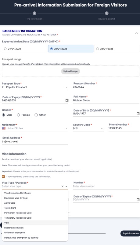 Visa type dropdown options on the Vietnam Pre-Arrival portal